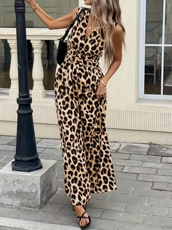 Sleeveless V Neck Leopard Print Wide Jumpsuit