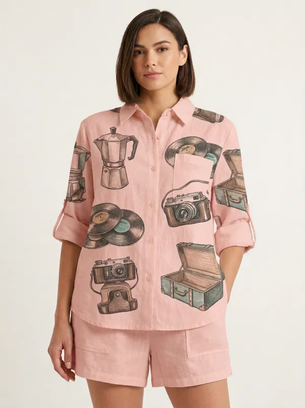 Women's Vintage Travel Hobby Camera Vinyl Graphic Button-Up Shirt