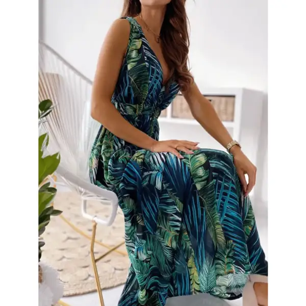 Leaf Print Sleeveless Maxi Dress