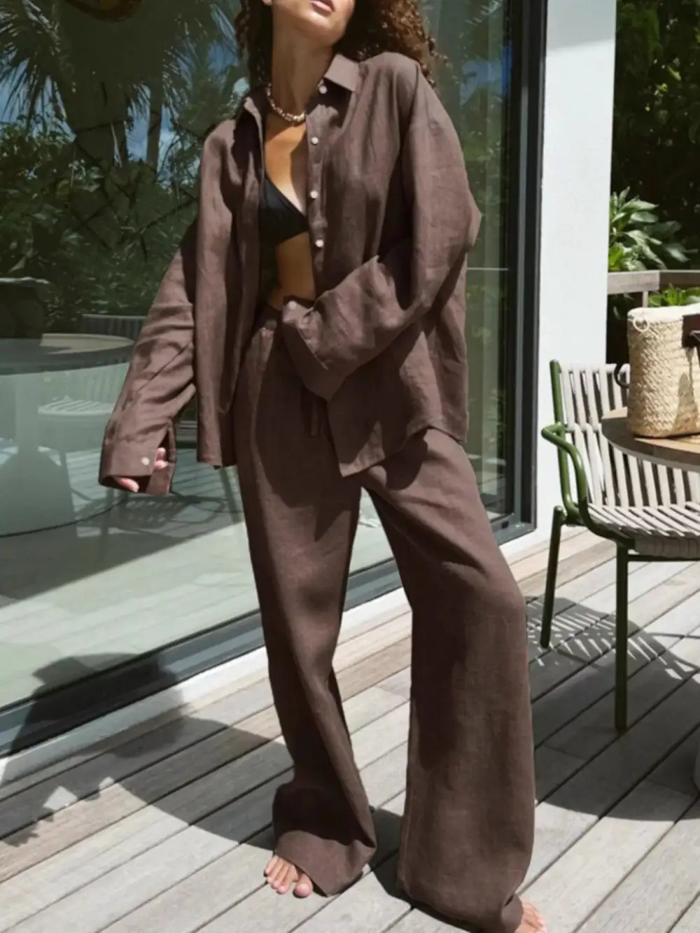 Relaxed Fit Button Up Shirt and Pants Two Piece Set