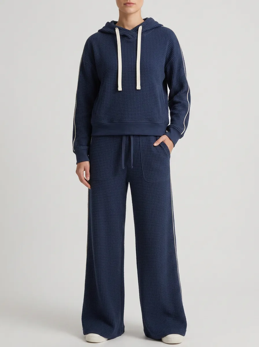 Unisex Navy Waffle Knit Side Stripe Hooded Pullover Top