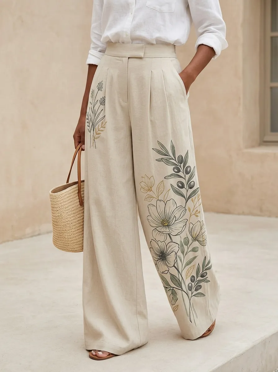 Women's Botanical Olive Branch Floral Patterned High-Waisted Wide-Leg Pants