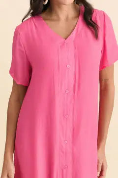 Viscose Button-Front V-Neck Short-Sleeve A-Line Asymmetric-Hem Below-Knee Dress