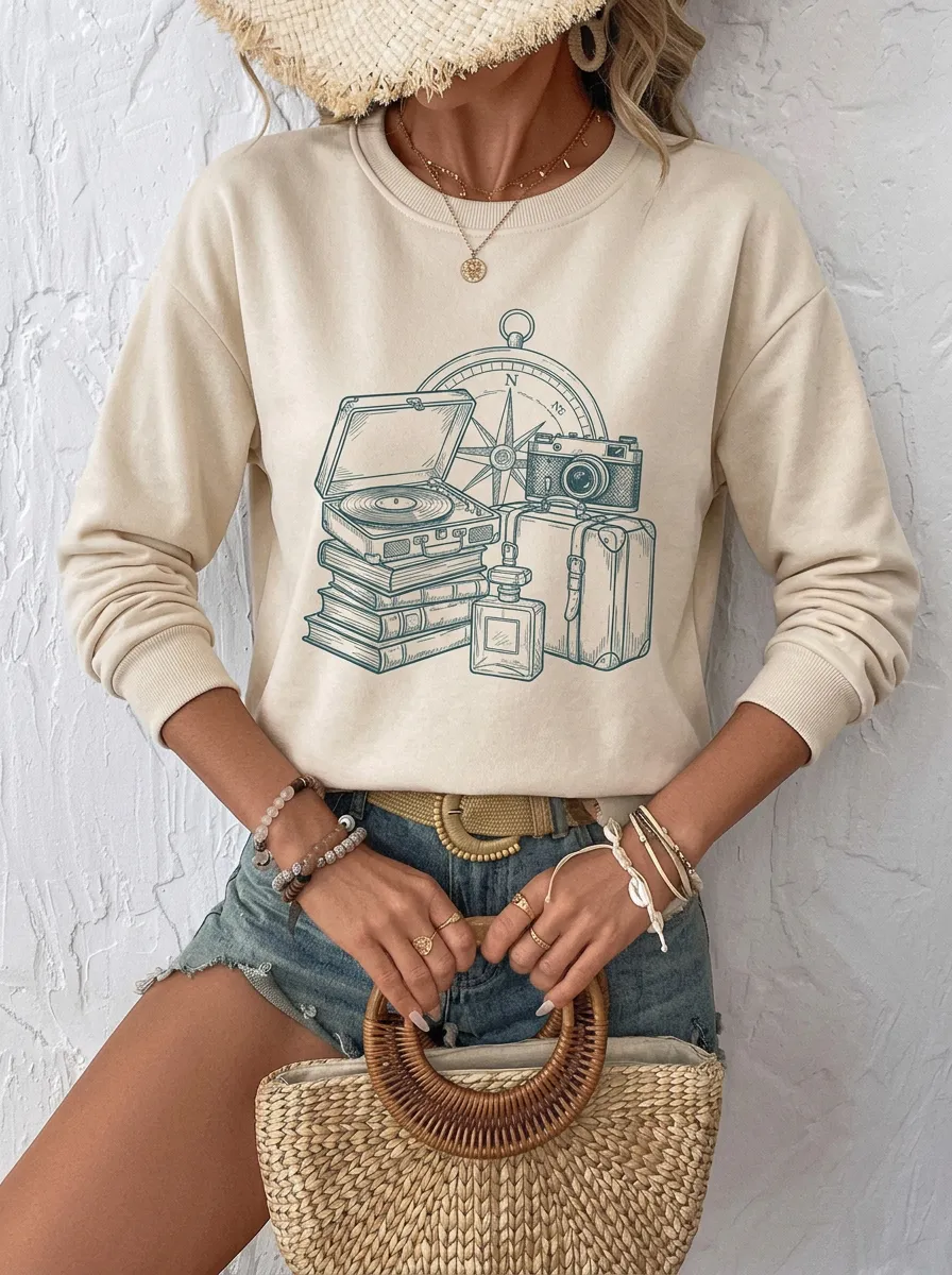 Women's Travel-Inspired Compass Camera Suitcase Printed Sweatshirt