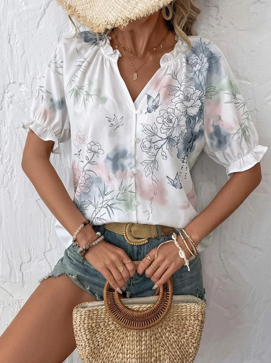 Women's Floral Butterfly Watercolor Printed Button Up Blouse