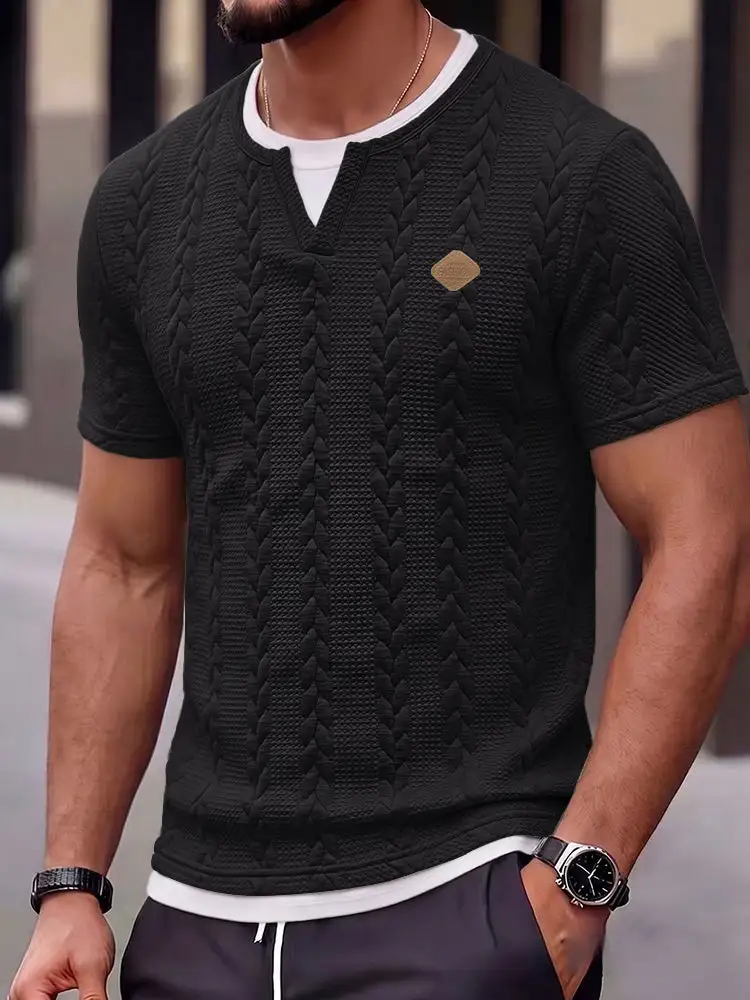 Cable Knit Faux Two-Piece Short Sleeve T-Shirt Two Set