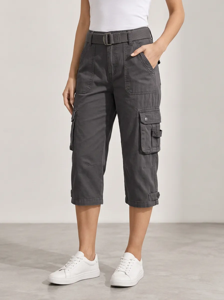 Women's Multi-Pocket Utility Workwear Inspired Capri Pants