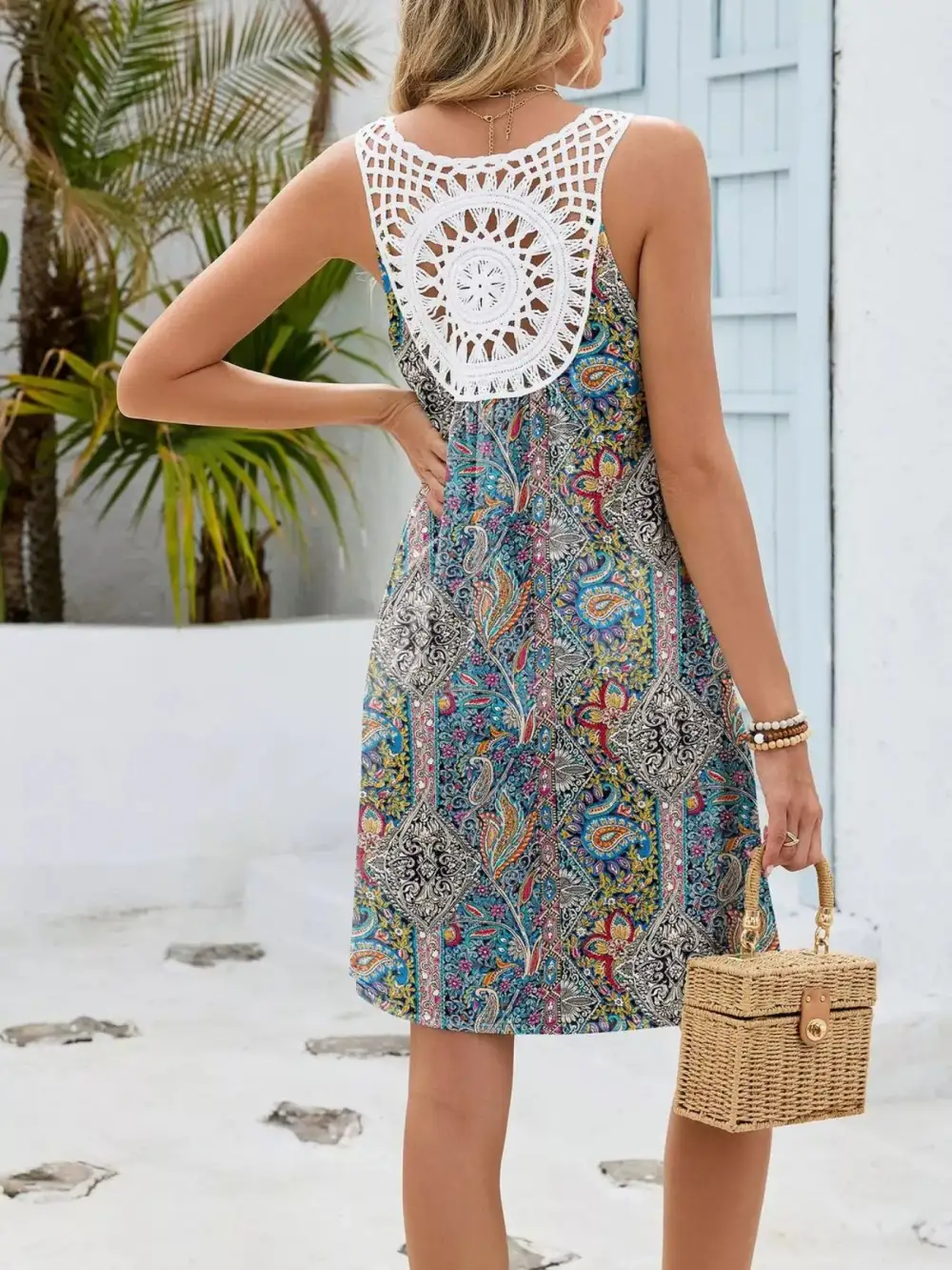 Floral Printed Crochet Mini Dress
