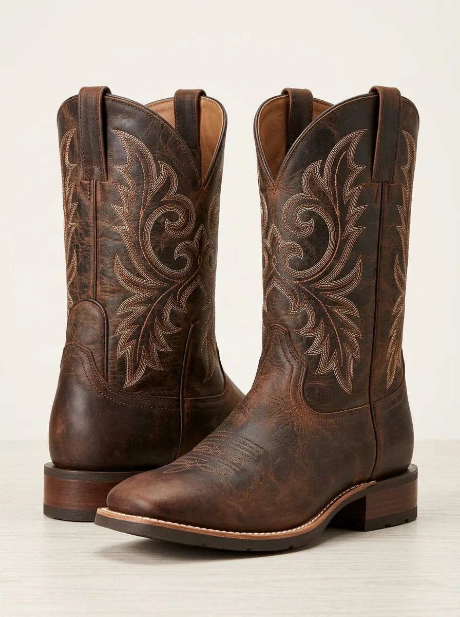 Unisex Classic Western Cowboy Embroidered Distressed Cowboy Boots
