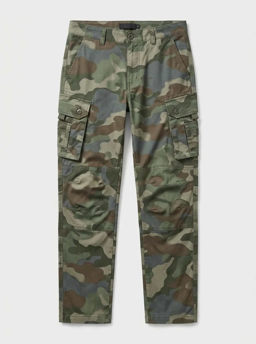 Men's Camo Button-Flap Reinforced-Knee Cargo Pants