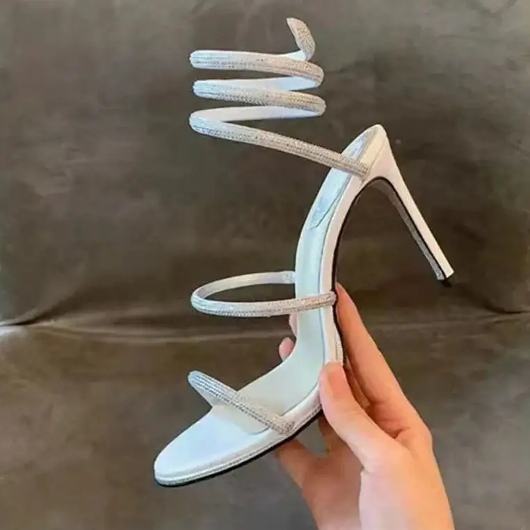 Satin Rhinestone Wraparound Pumps