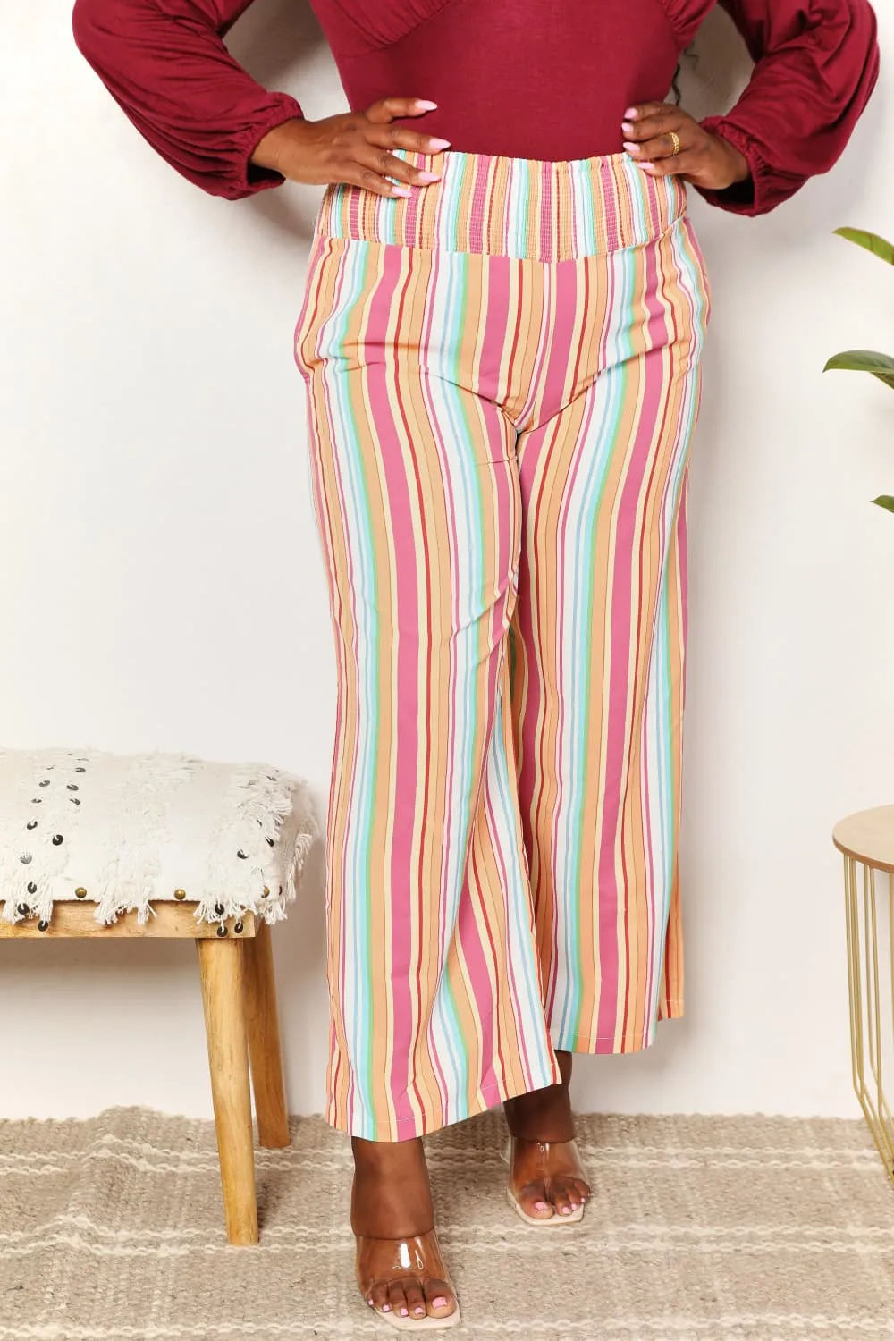Daily Striped Smocked Waist Pants With Pocket