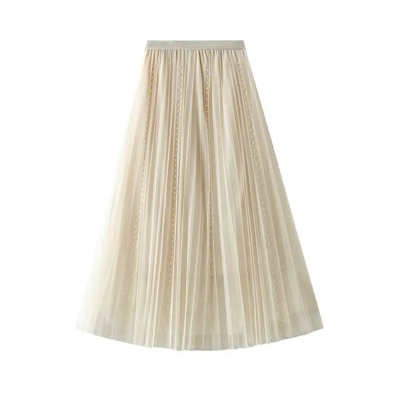Contemporary High Waist Pleated Mesh Beaded Skirt
