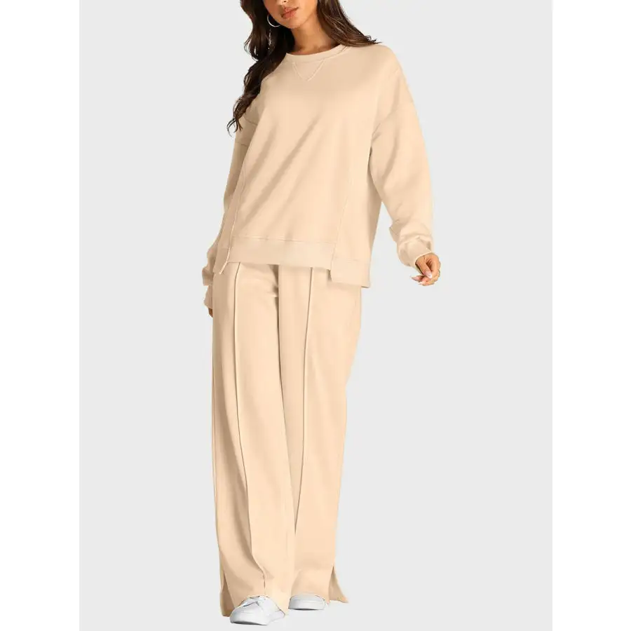 Round Neck Long Sleeve Top and Slit Pants Set