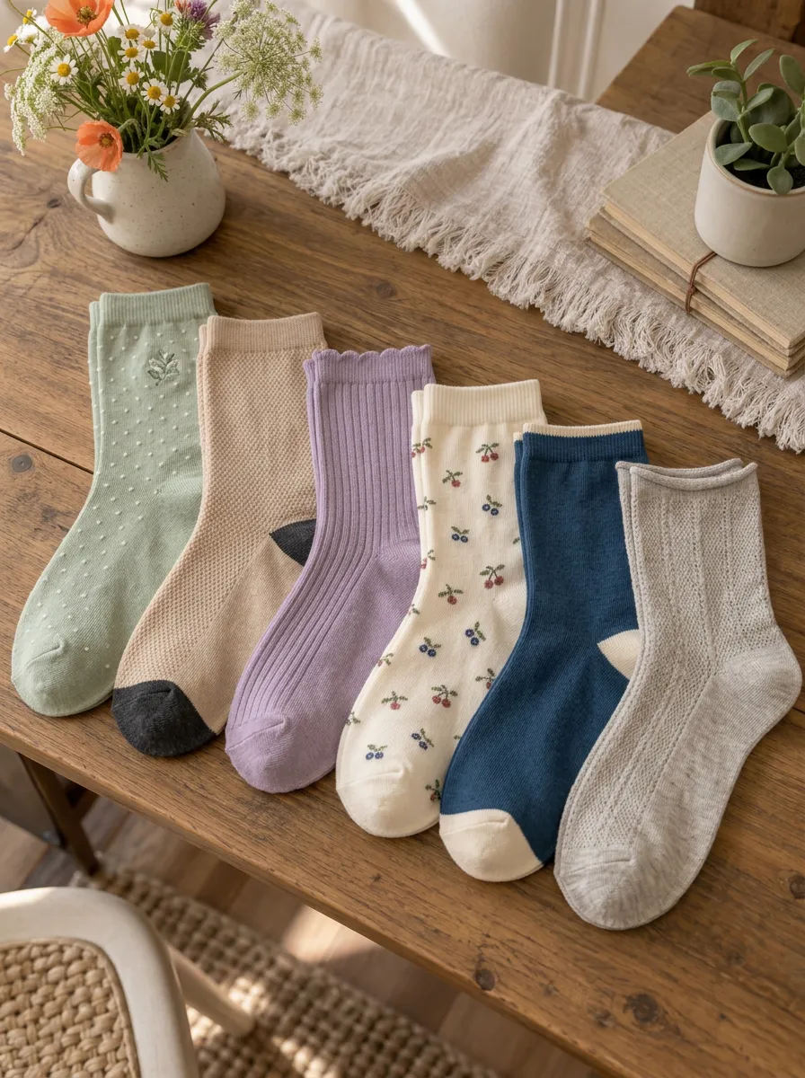Women's Vintage Aesthetic Floral Cherry Printed Cotton Socks 6-Pack