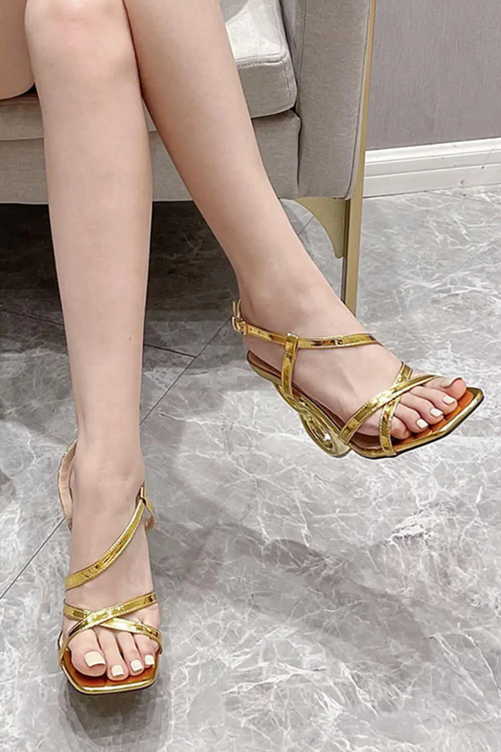 Strappy Square Toe Chain Heels