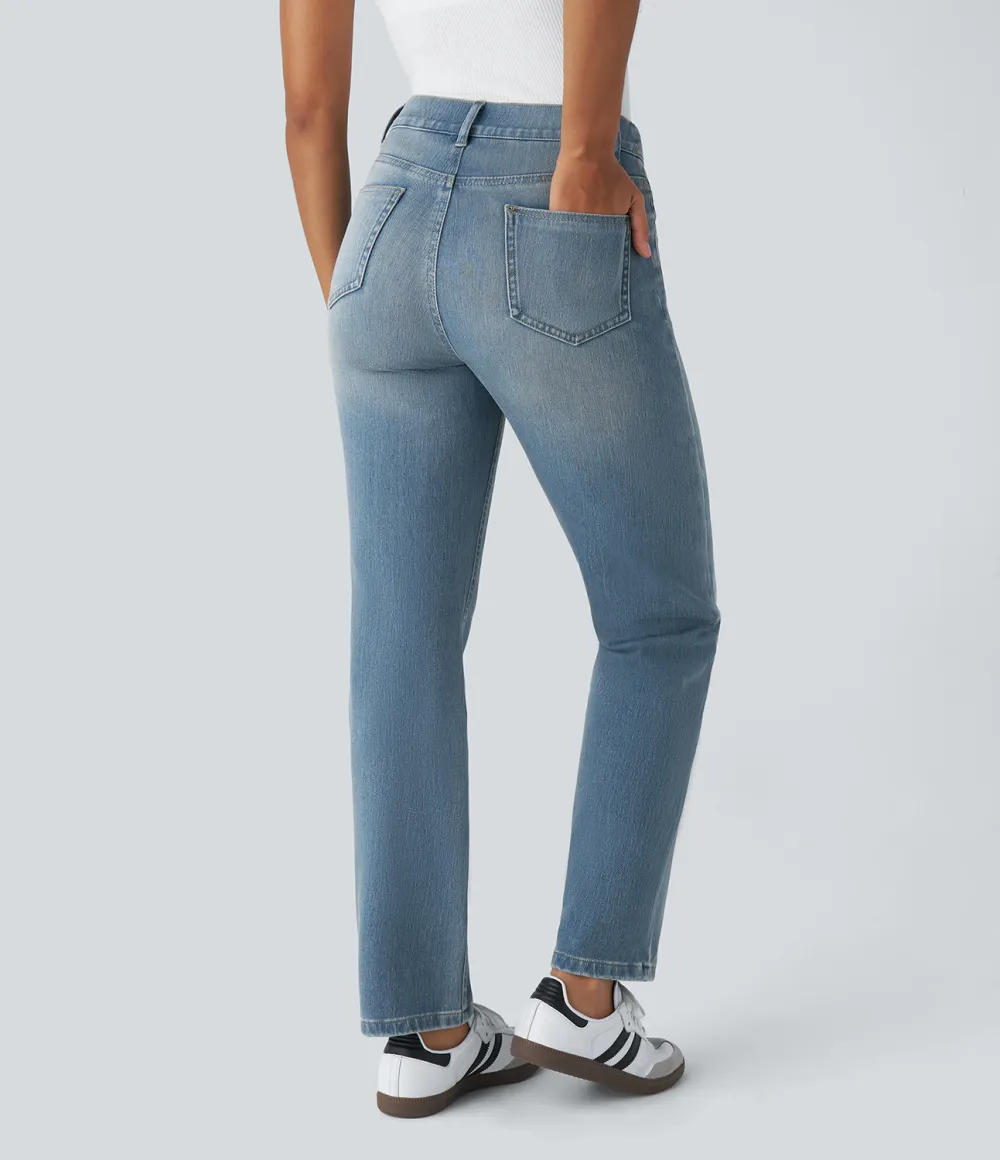 Magic High Waisted Multiple Pockets Straight Leg Washed Stretchy Knit Casual Jeans
