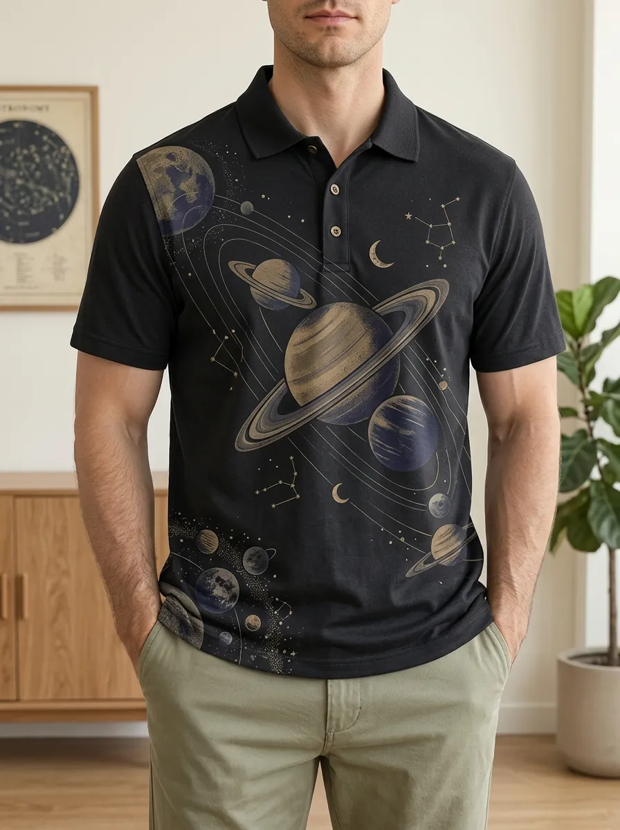 Men's Astronomy Lover Solar System Planets Printed Polo Shirt Weekend Casual Style
