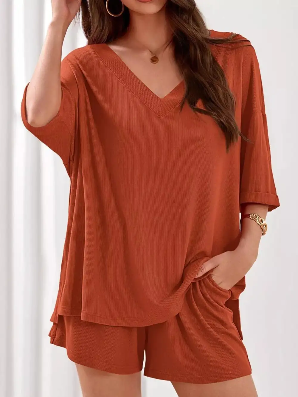 Casual Solid Color V Neck Top and Shorts Set