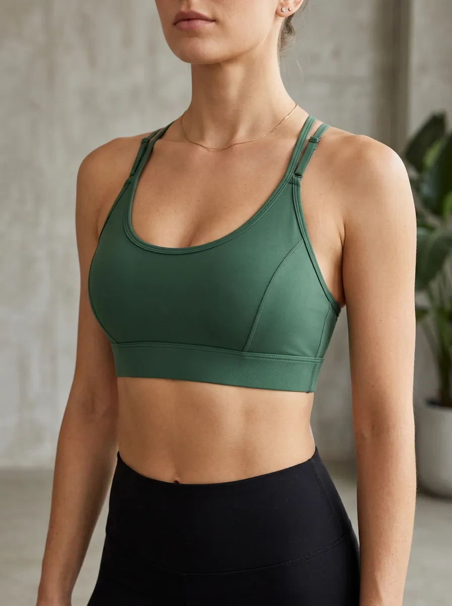 Women's Scoop Neck Double Strap Panel Detail Sports Bra