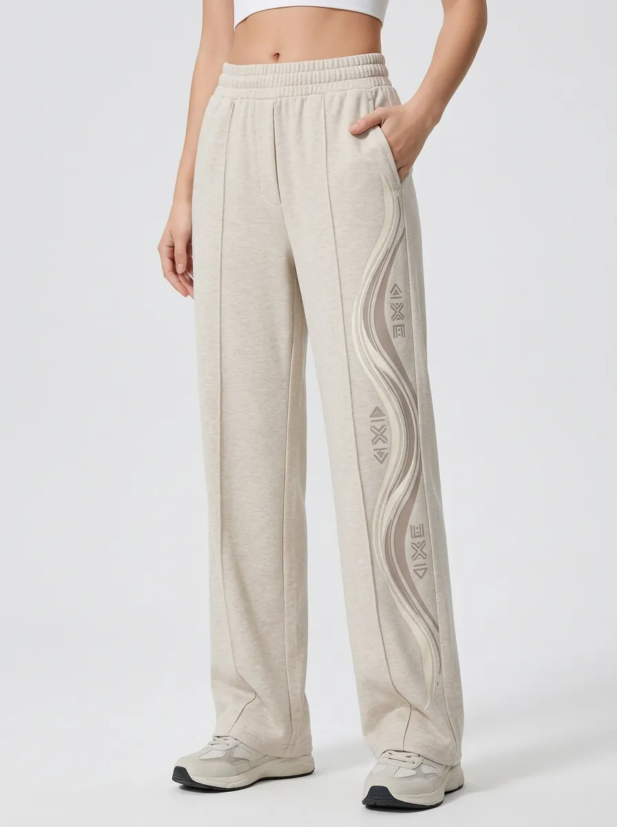 Women's Beige Abstract Wave Print Wide-Leg Sweatpants