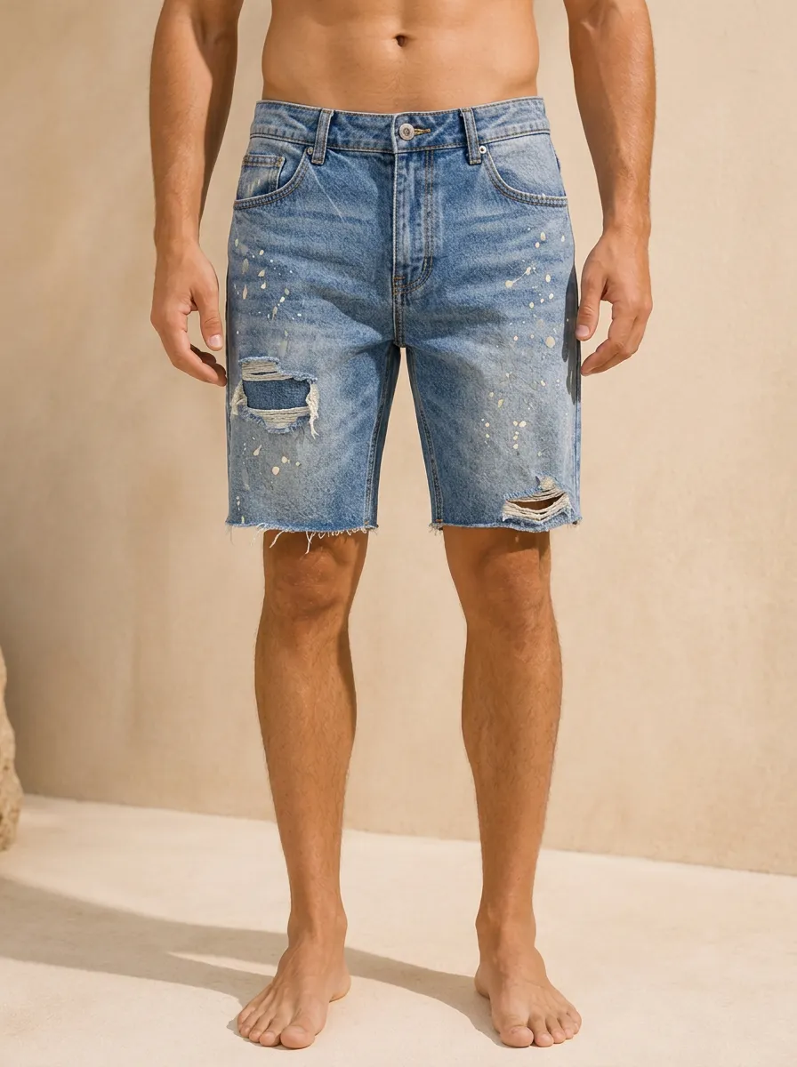 Men's Distressed Inspired Distressed Paint Splatter Printed Denim Shorts
