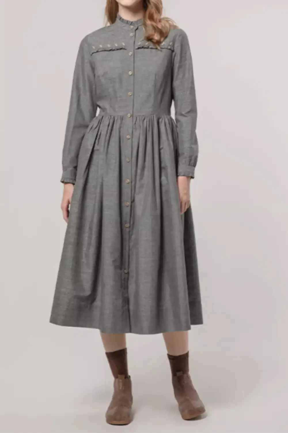 Cotton Blend Fit And Flare Ruffle Long Sleeve Midi Dress