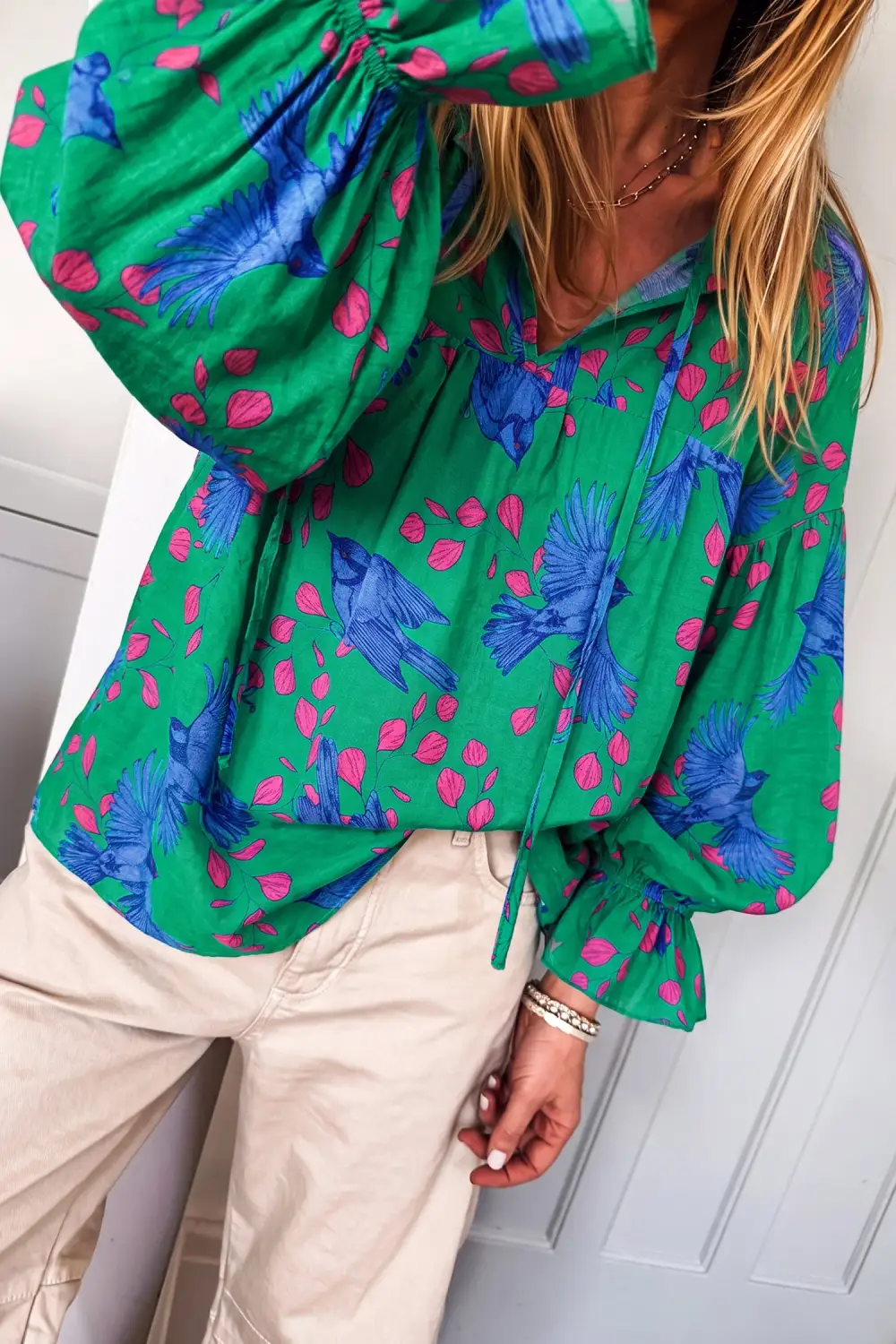Women's Abstract Print V Neck Puff Sleeve Top