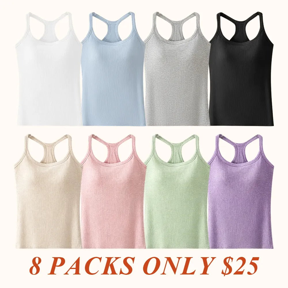 Women's Ribbed Built-in Bra Tank Top | Racerback Cropped Camisole with Removable Pads | Wireless Supportive Workout Yoga Top