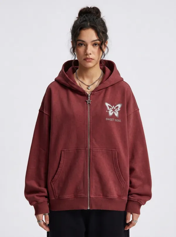 Women's Streetwear Y2K Butterfly Sweet Soul Printed Zip-up Hoodie