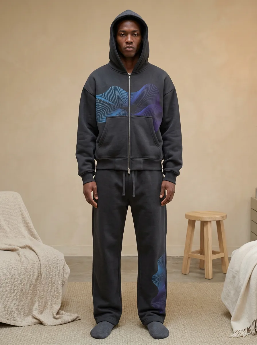 Men's Abstract Wave Graphic Printed Hoodie Sweatpants Set