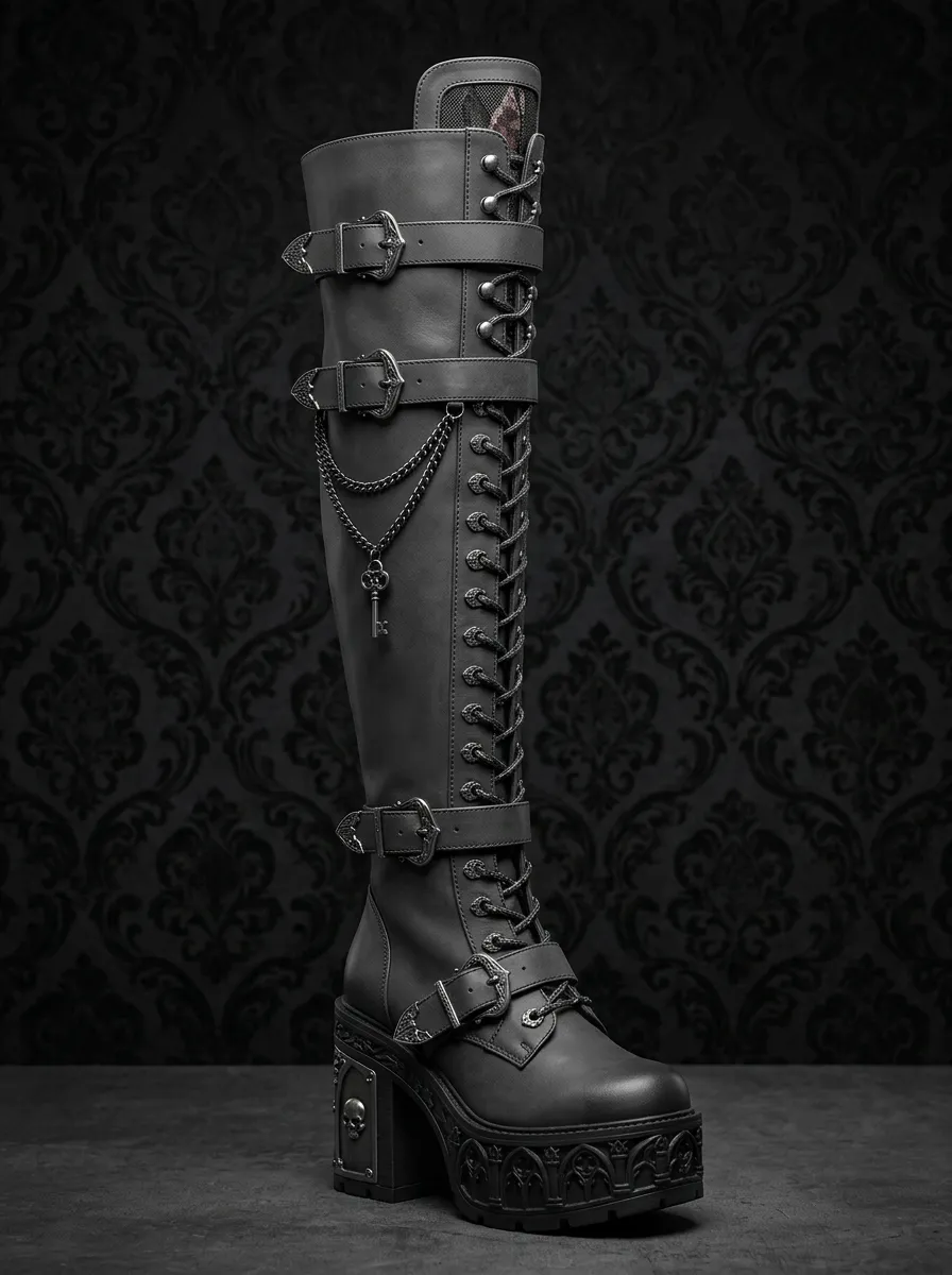 Ritual-Inspired Skull Lace Lace-Up Detail Women's Gothic Platform Knee High Boots