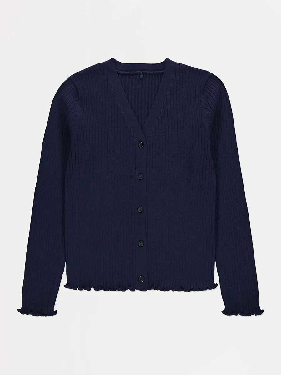 Navy V Neck Lettuce Edge Ribbed Cardigan
