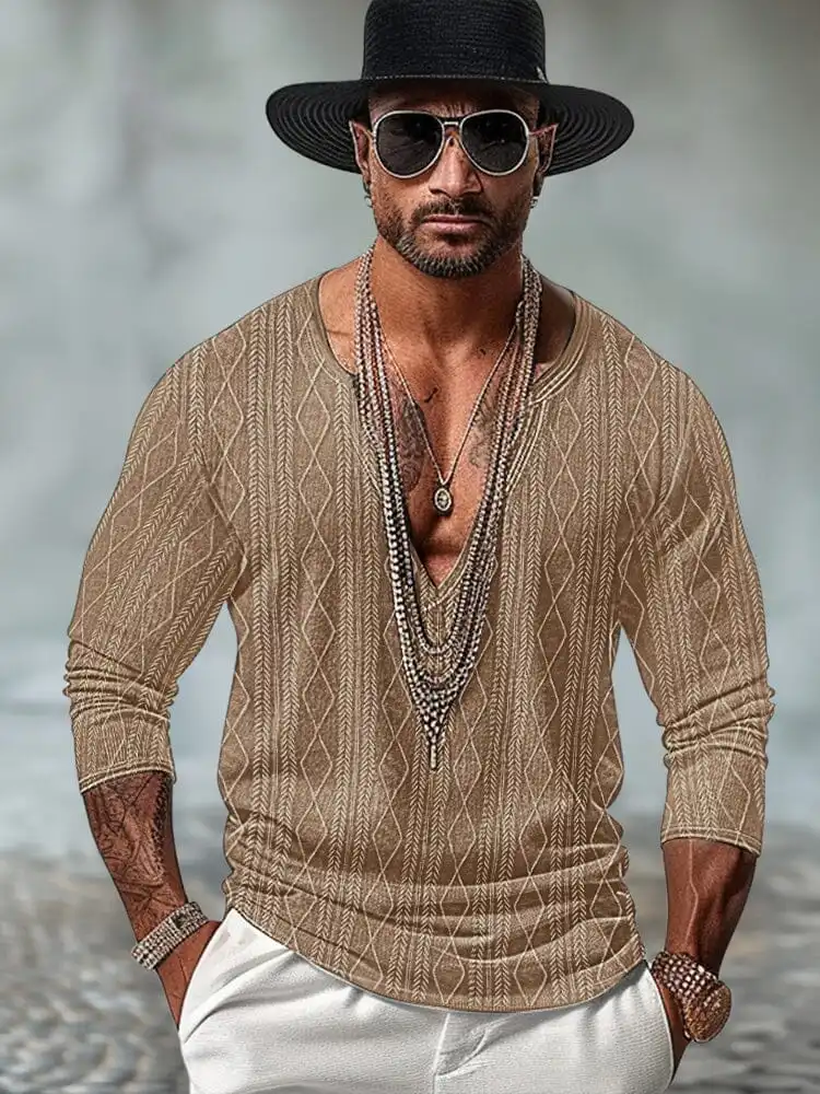 Stylish V-Neck Knit Jacquard Top T-Shirt
