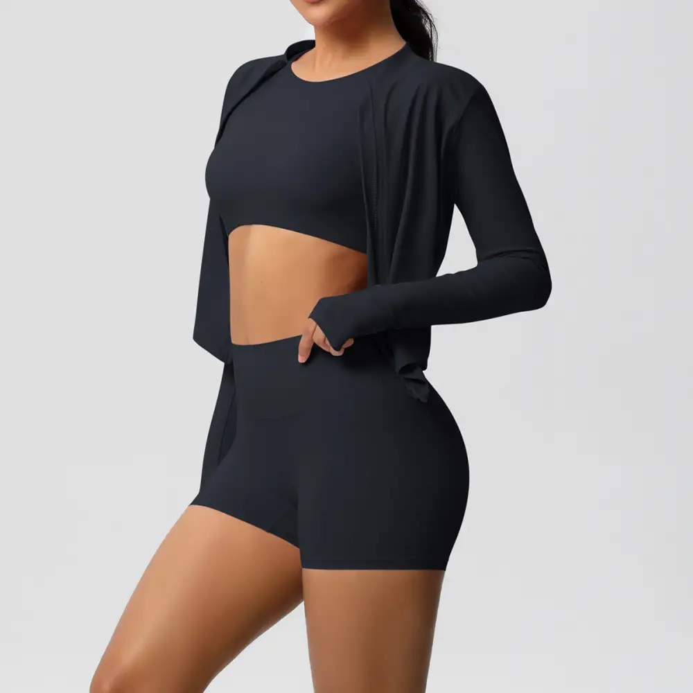 Zip-Front Long-Sleeve Jacket, Bra and Shorts Active Set