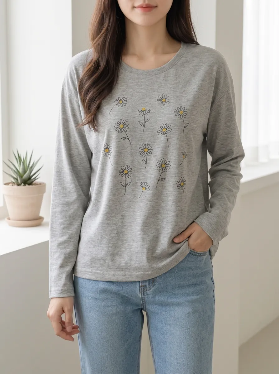 Women's Sweet Floral Lover Daisy Printed long sleeve top