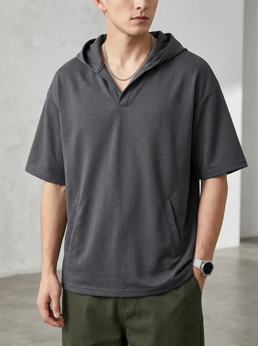 Classic Short Sleeve Minimalist Solid Sport Look Men's Hoodie