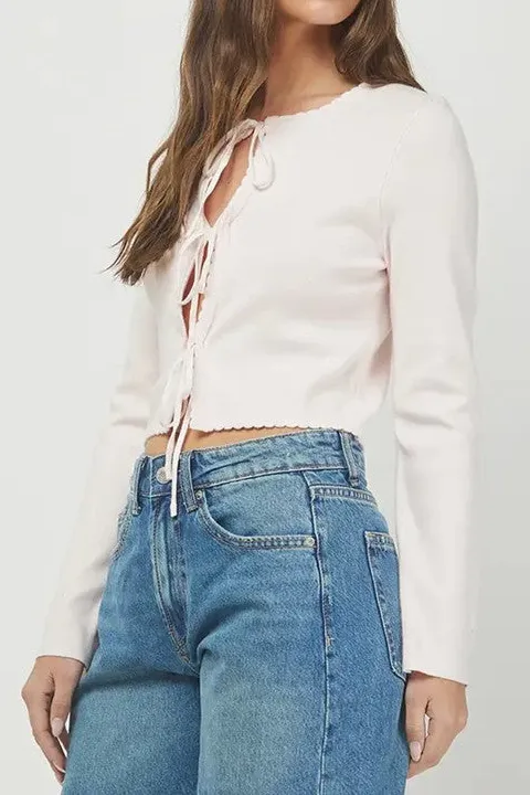 Pink Tie-Front Cropped Knit Cardigan