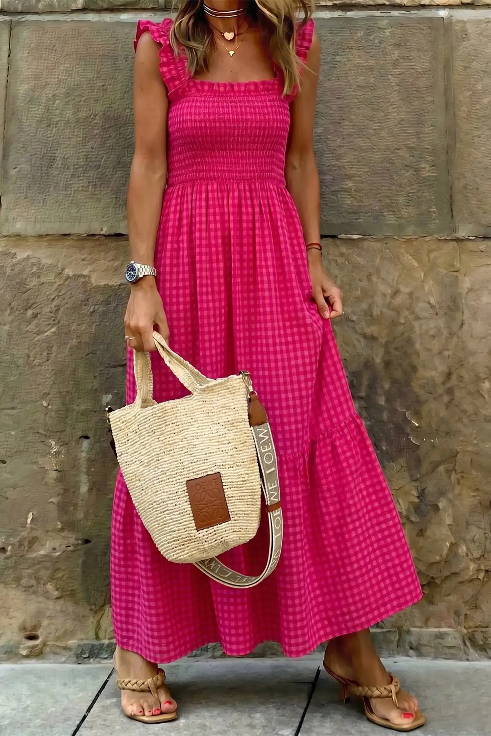 Classic Plaid Square Neck Fit and Flare Vacation Sundress