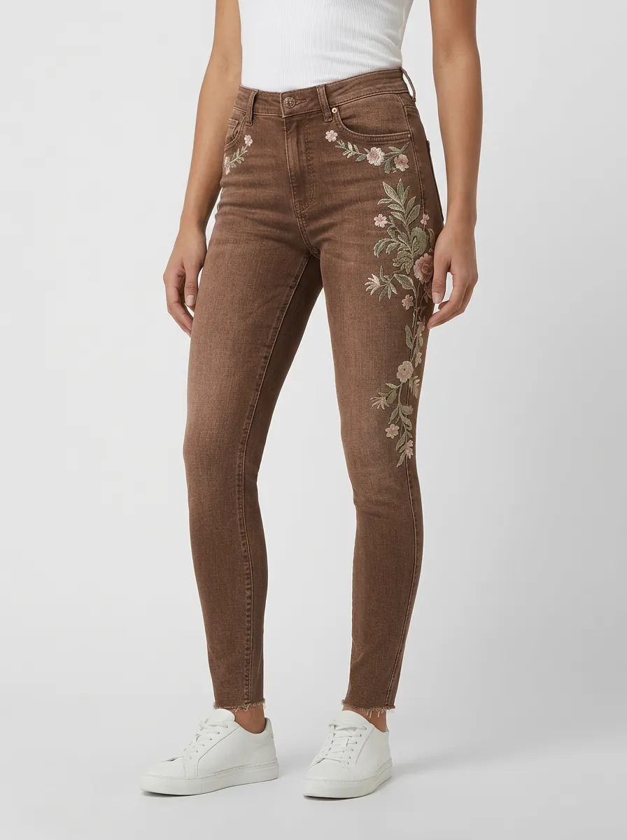 Women's Floral Embroidery Vintage Wash Printed Slim Jeans