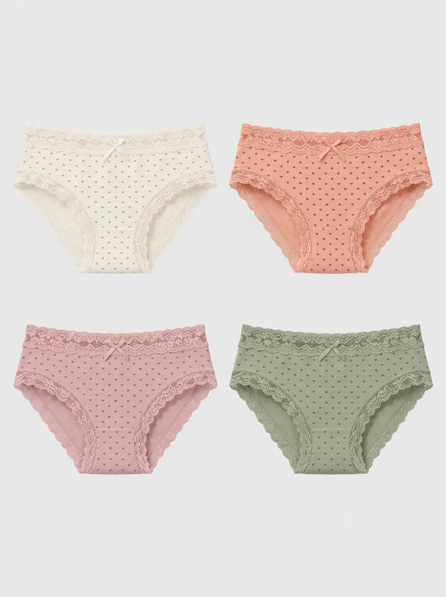 Women's Multicolor Heart Patterned Lace-Trim Briefs 4-Pack