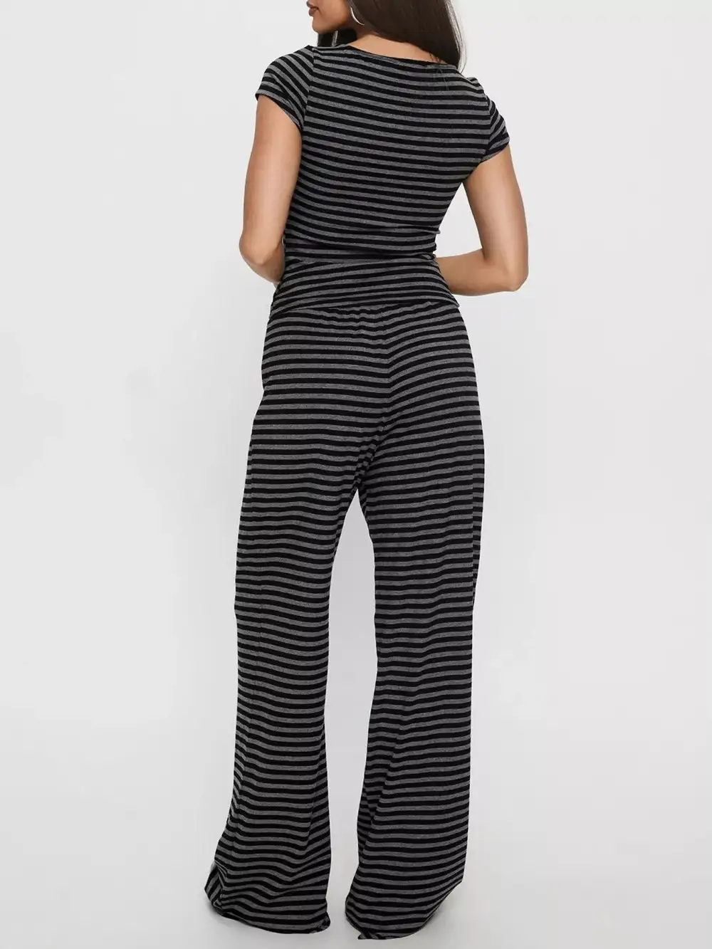 Striped Button Down Top and Wide Leg Pants Set