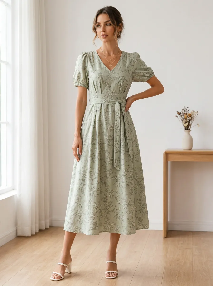 Women's Vintage Floral Sage Green Printed Midi Dress