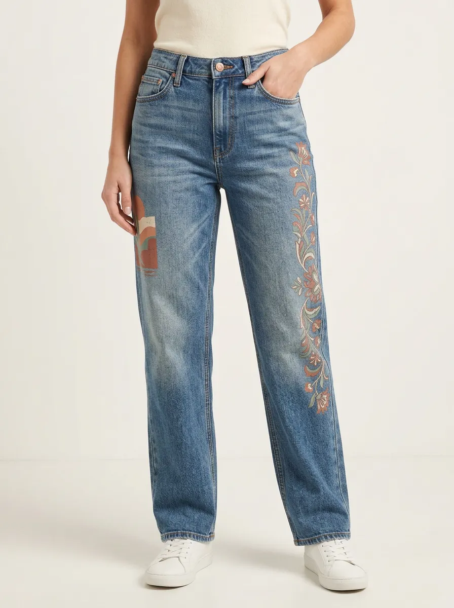 Women's Boho Floral Landscape Printed Straight Leg Jeans