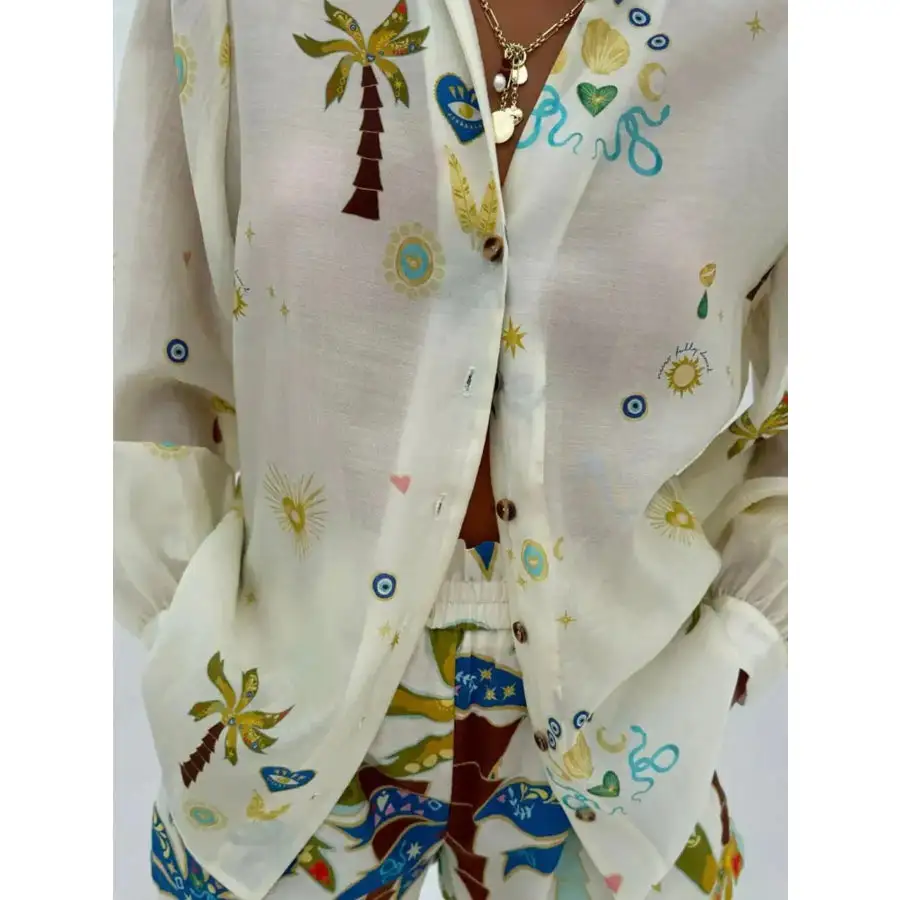 Casual Printed Button Up Shirt and Shorts Set