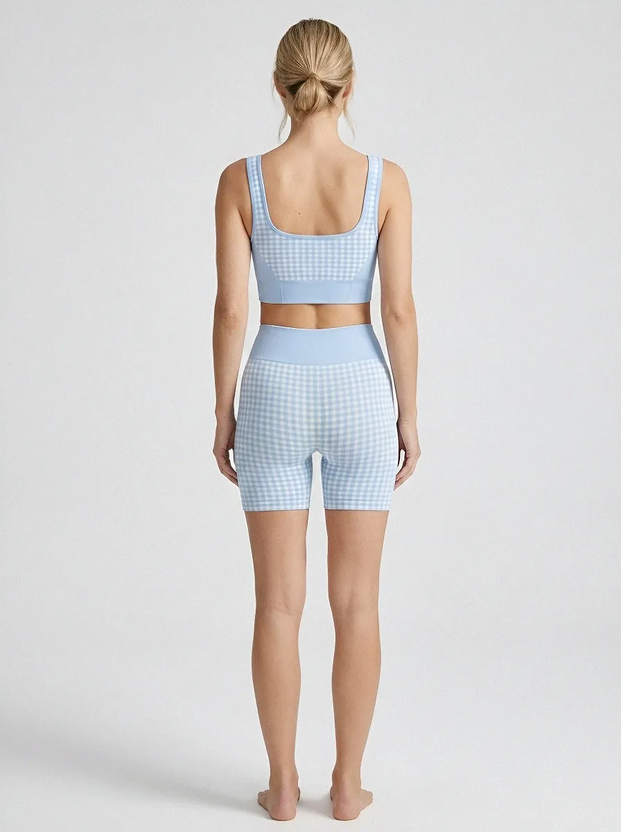Athletic Gingham Pattern Casual Look Women's Tank Top And Sports Shorts Set