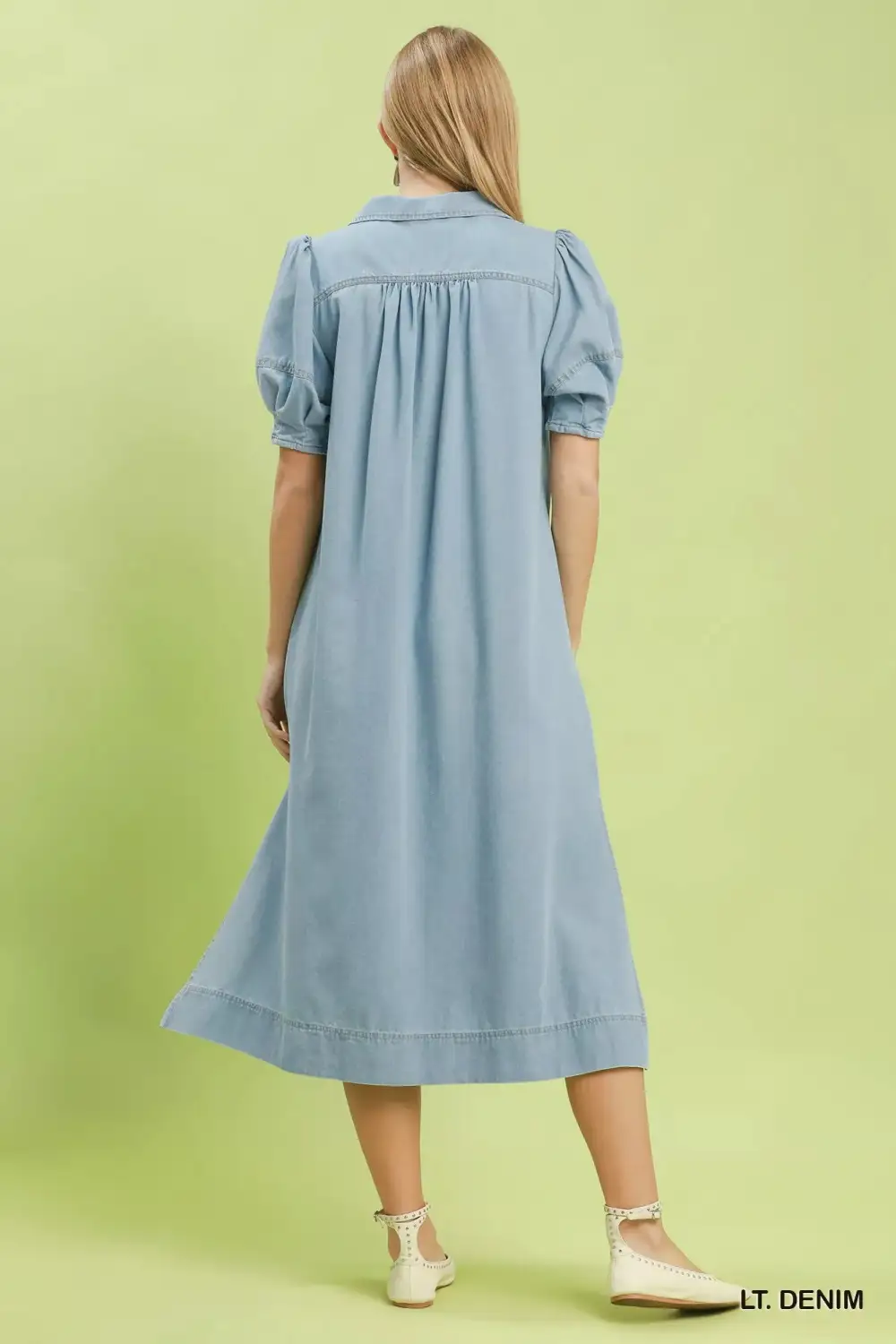 V-Neck Puff Sleeve A-Line Chambray Dress