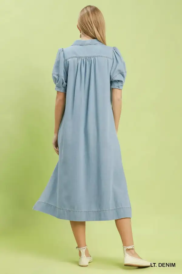 V-Neck Puff Sleeve A-Line Chambray Dress