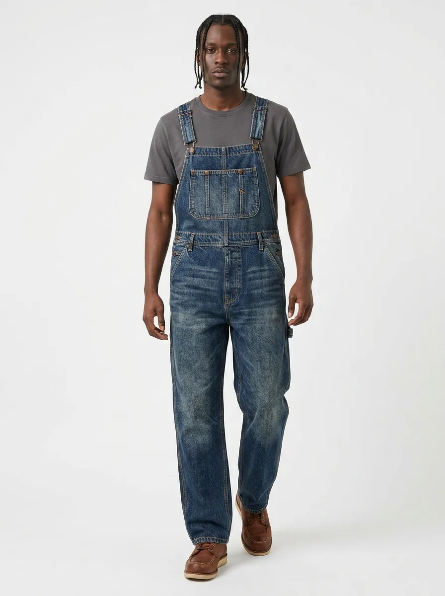 Men's Vintage Style Distressed Denim Dungarees Overalls
