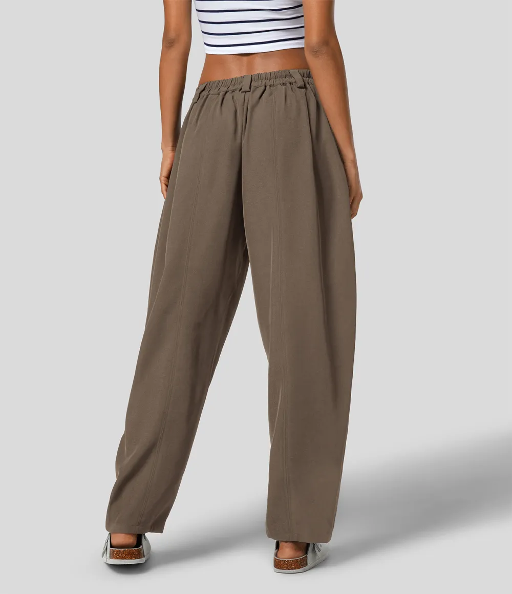 Mid Rise Plicated Side Pocket Barrel Leg Work Pants